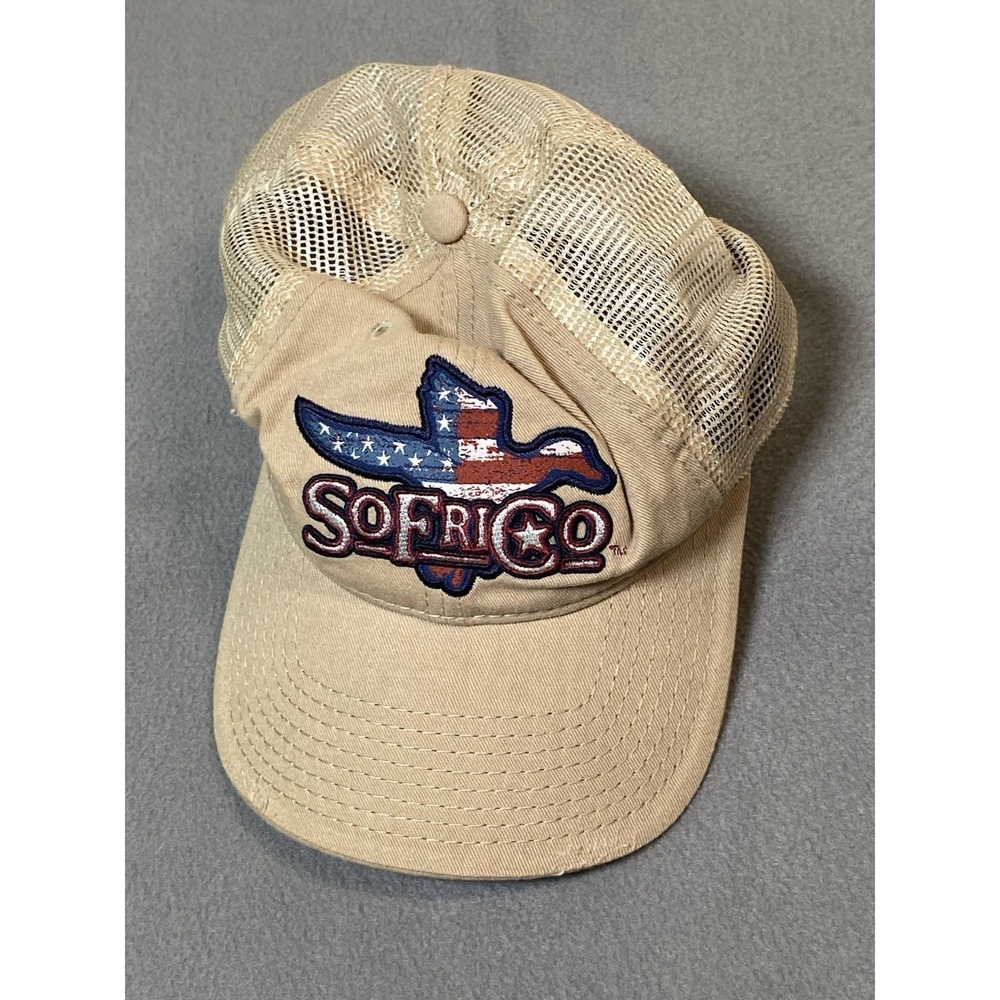 "SoFriCo" Southern Fried Cotton Ball Cap Snap Mesh Back USA Flag Duck Motif